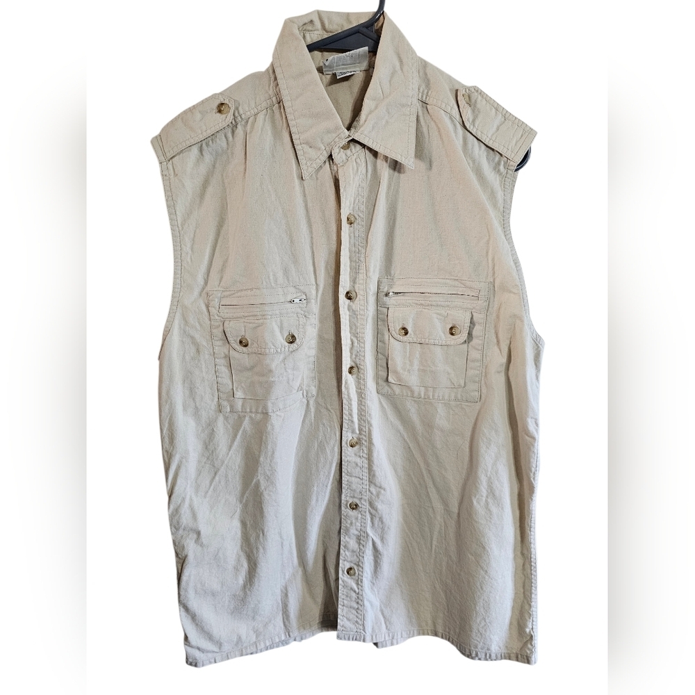 International Male Mens Medium Tan Safari Sleeveless Button Shirt Trucker Rare - Picture 2 of 7